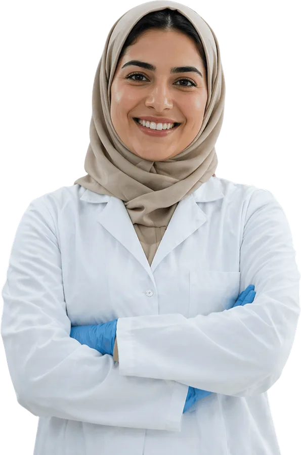 Life-science researcher in a lab coat, smiling with arms crossed