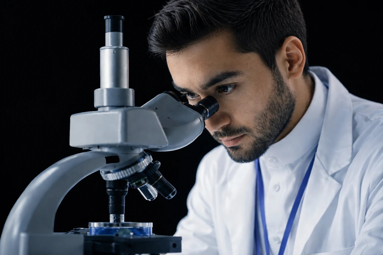 Scientist examining a sample under a microscope