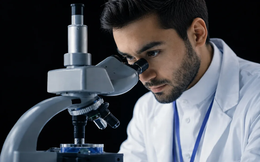 A researcher in a lab coat at a microscope